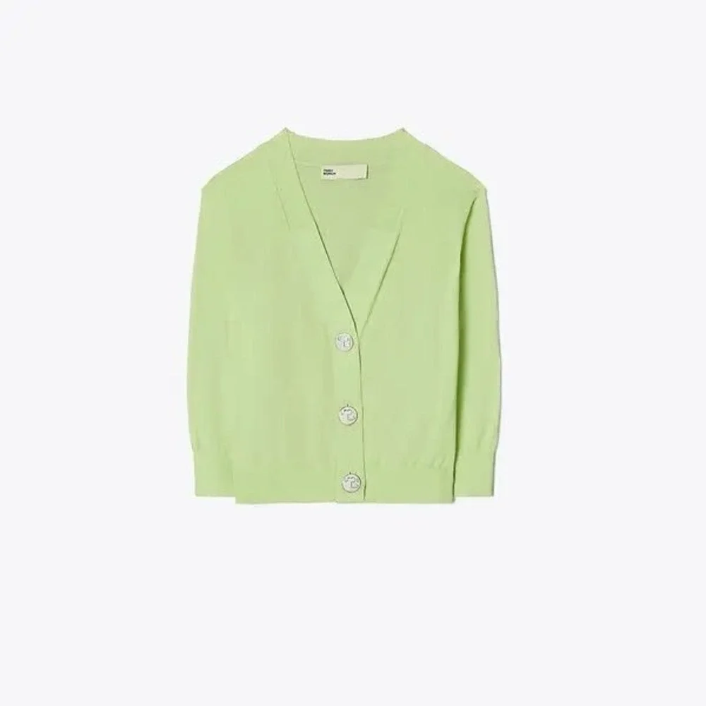Tory Burch Cardigan Women M Lime Green Cotton Logo Button Cropped Sweater